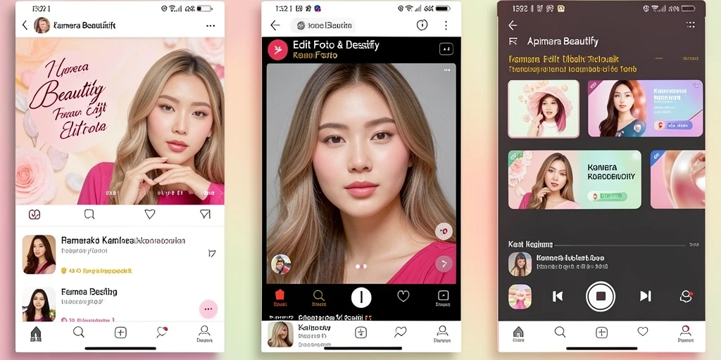 Antarmuka aplikasi F32 dengan fitur Kamera Beautify yang menarik.