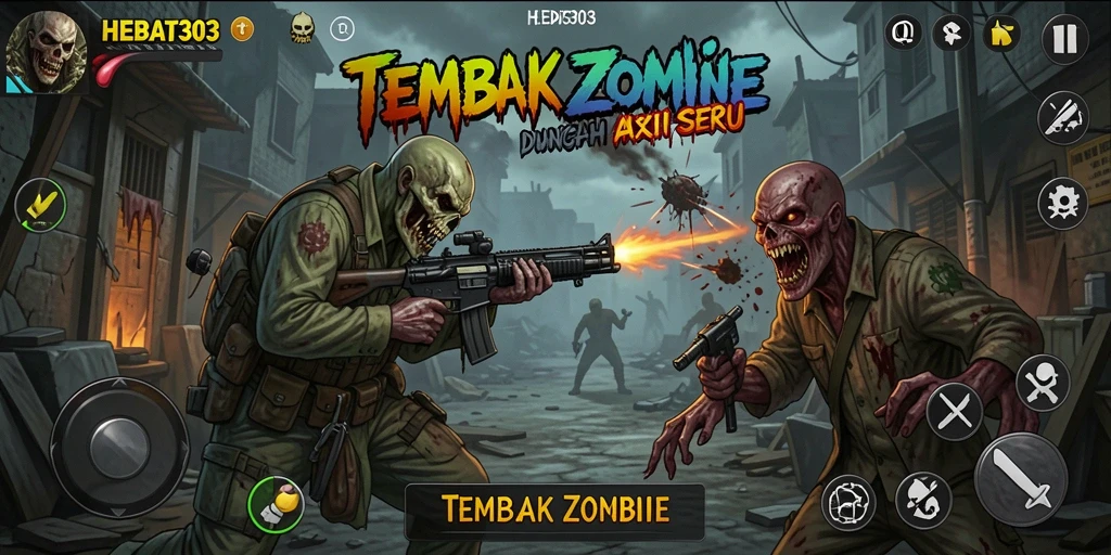 Screenshot HEBAT303 menampilkan aksi mendebarkan melawan zombie.
