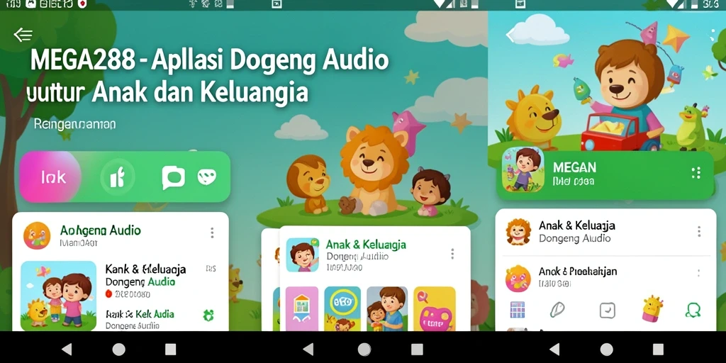 Tampilan antarmuka MEGA288 yang ramah anak dengan berbagai dongeng audio.